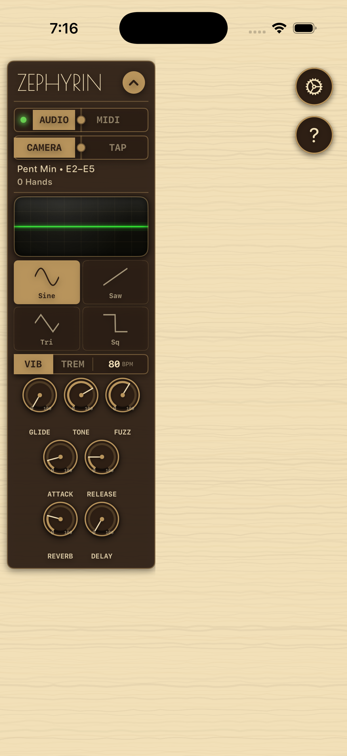 Prospero synthesizer settings and scale selection